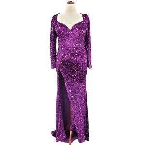NWT Fitted Long Sleeve Sequin Gown with Leg Slit and Corset Back